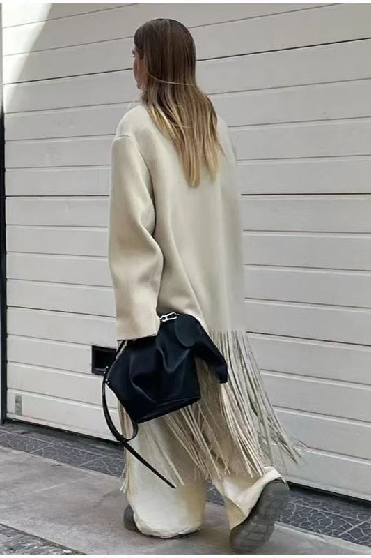 Chic Solid Color Fringe Long Blazer Coat for Stylish Layers