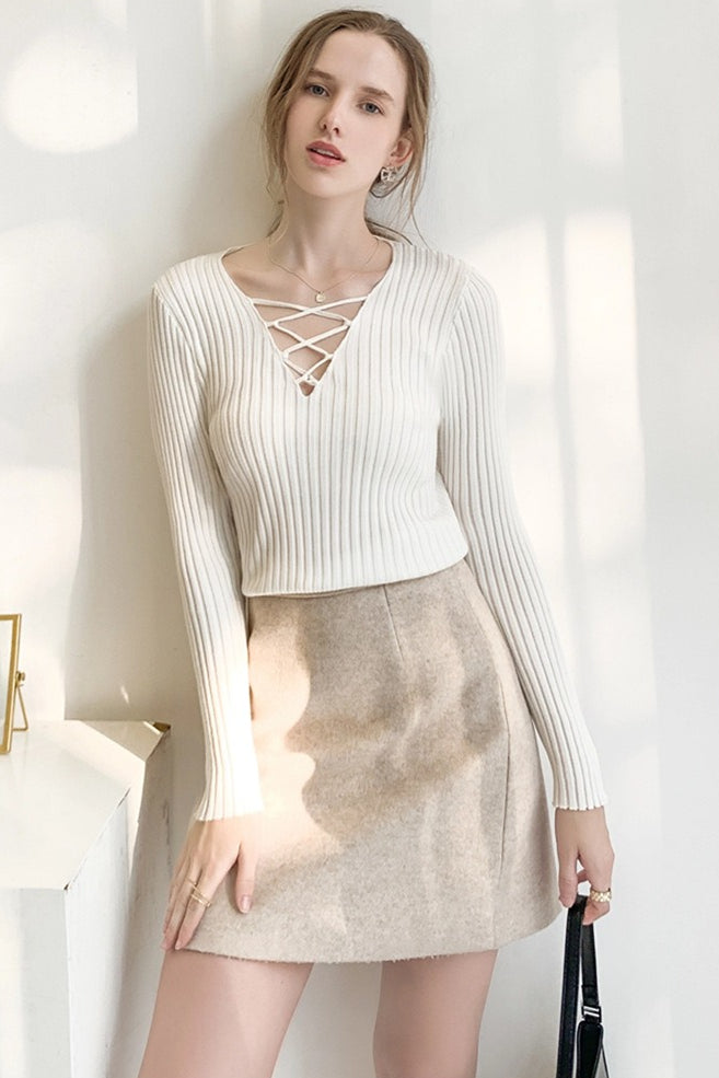 Slim Fit Lace Up V Neck Sweater