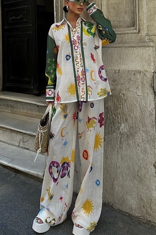 Zoie Linen Blend Unique Print Long Sleeve Loose Shirt and Elastic Waist Pocketed Pants Set - Fashionpara