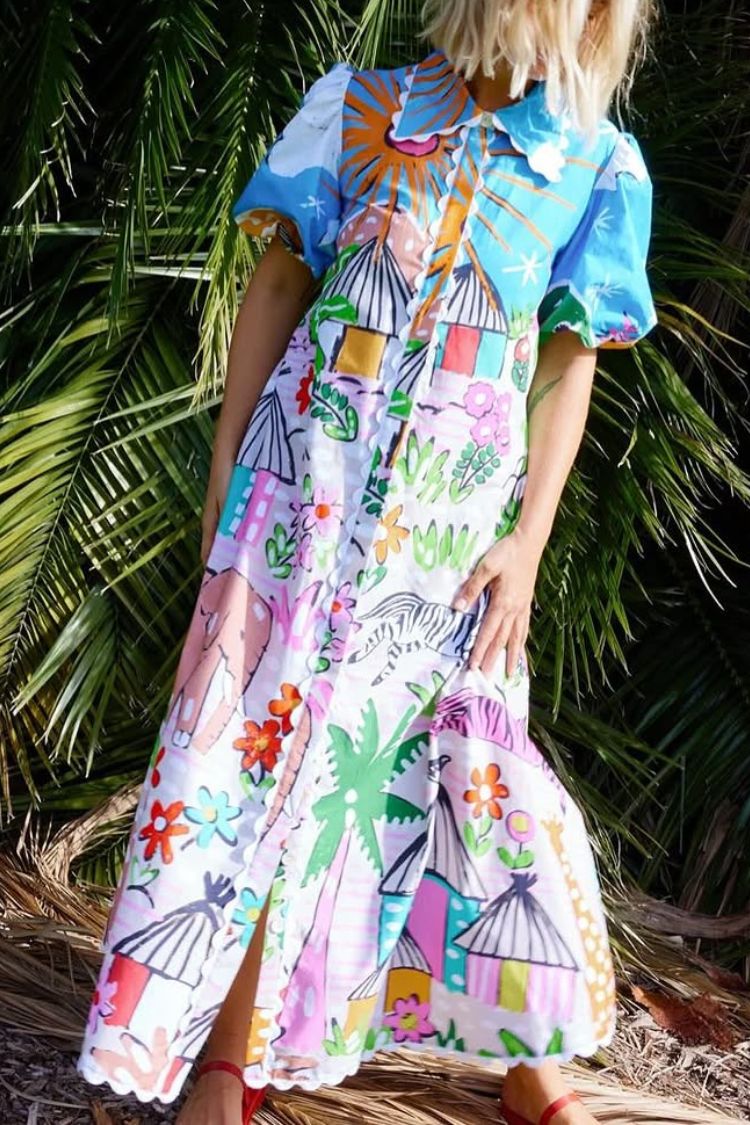 Daliah Unique Printed Wave Lace Puff Sleeves Loose Pocket Maxi Dress - Fashionpara