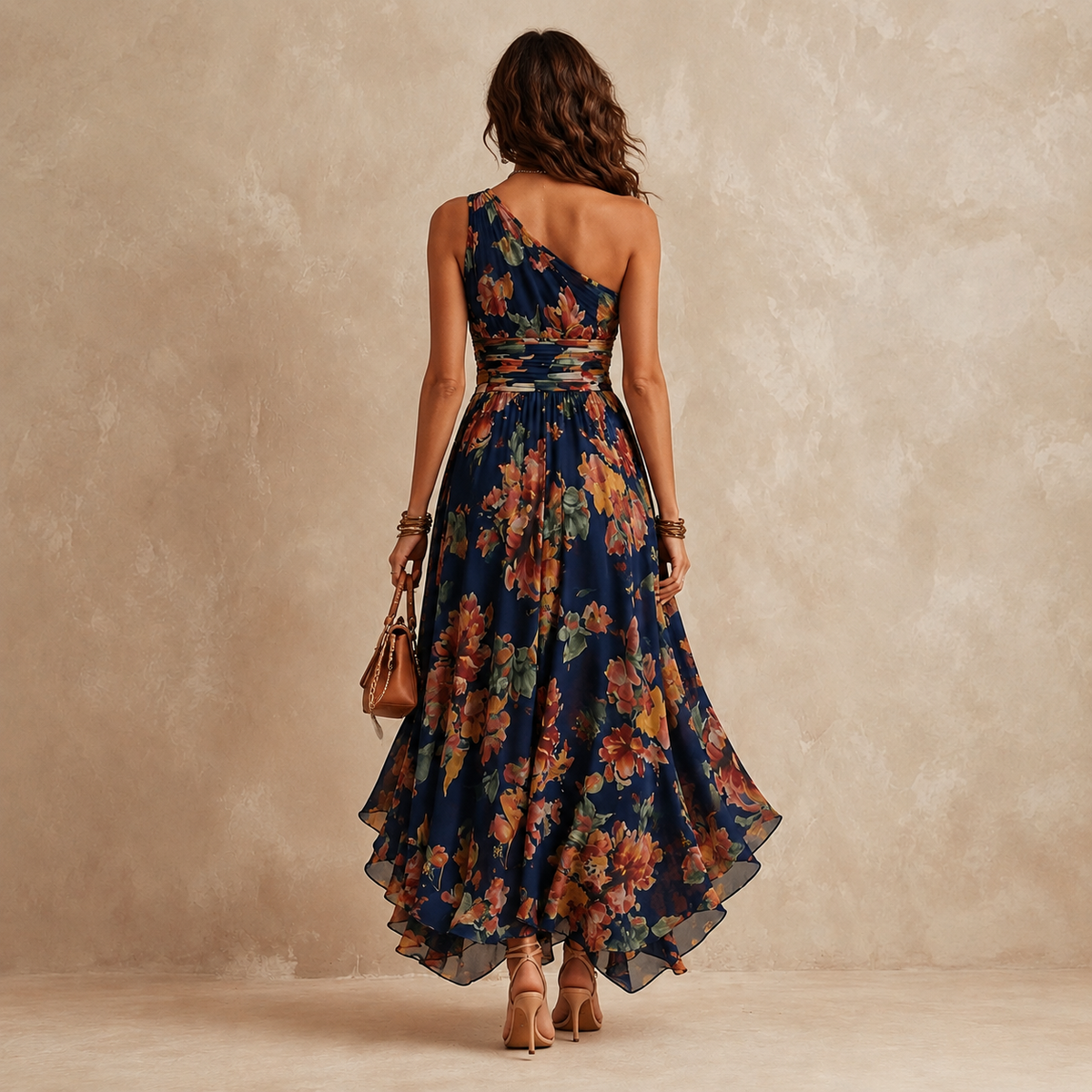 Floral One Shoulder Ruched High Low Maxi Dress 4