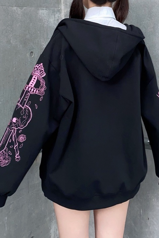 Printed Zip Vintage Black Casual Sporty Hoodie