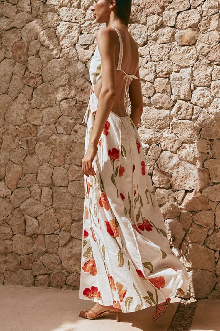 Eliska Linen Blend Poppy Print Cutout Contrast Trim A-line Maxi Dress - Fashionpara