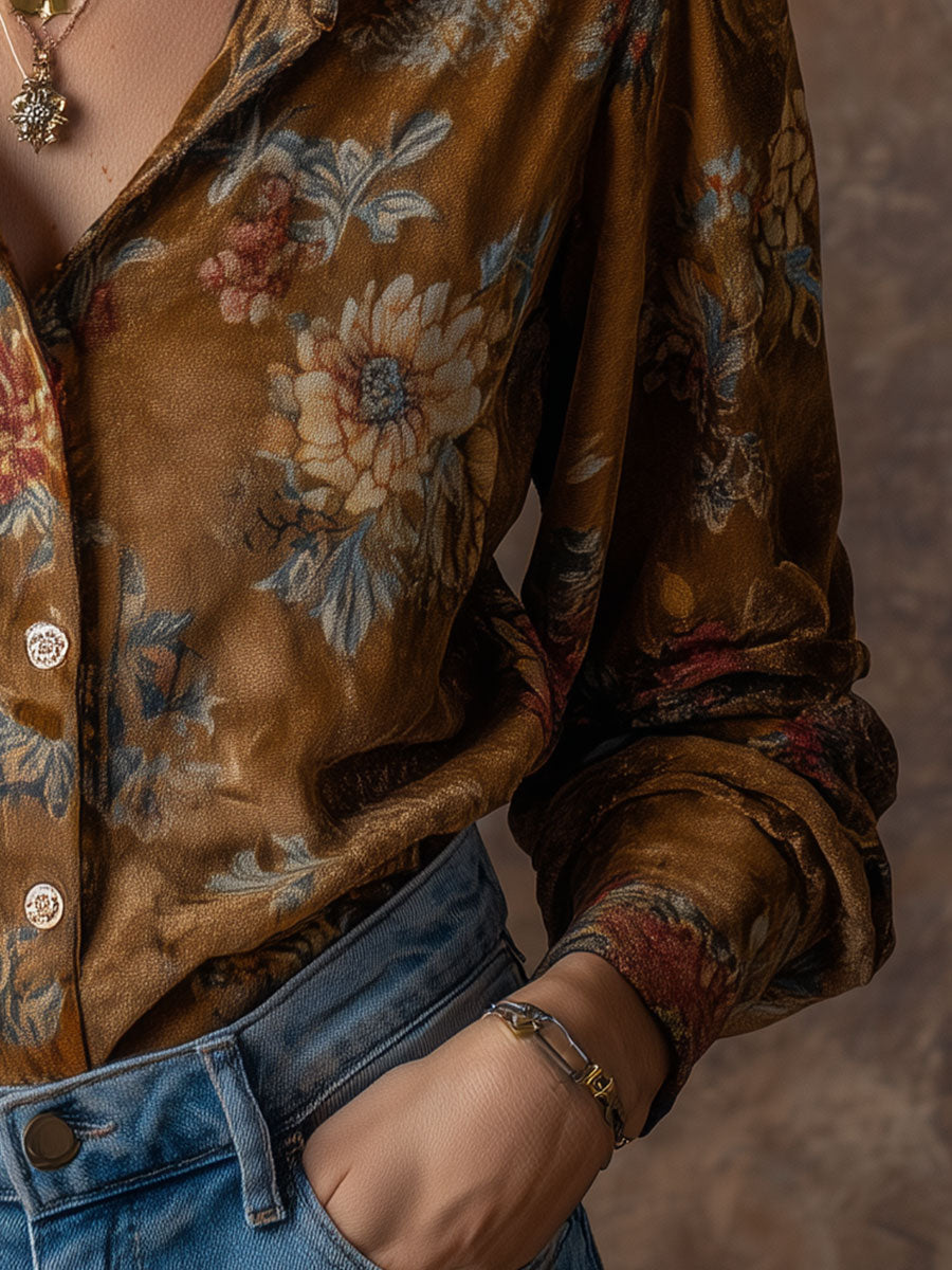 Vintage Suede Floral Print Puff Sleeves Blouse - Fashionpara