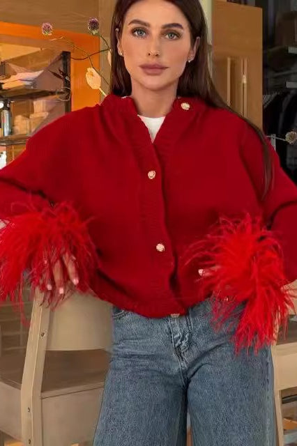 Elegant Feather Trim Cardigan