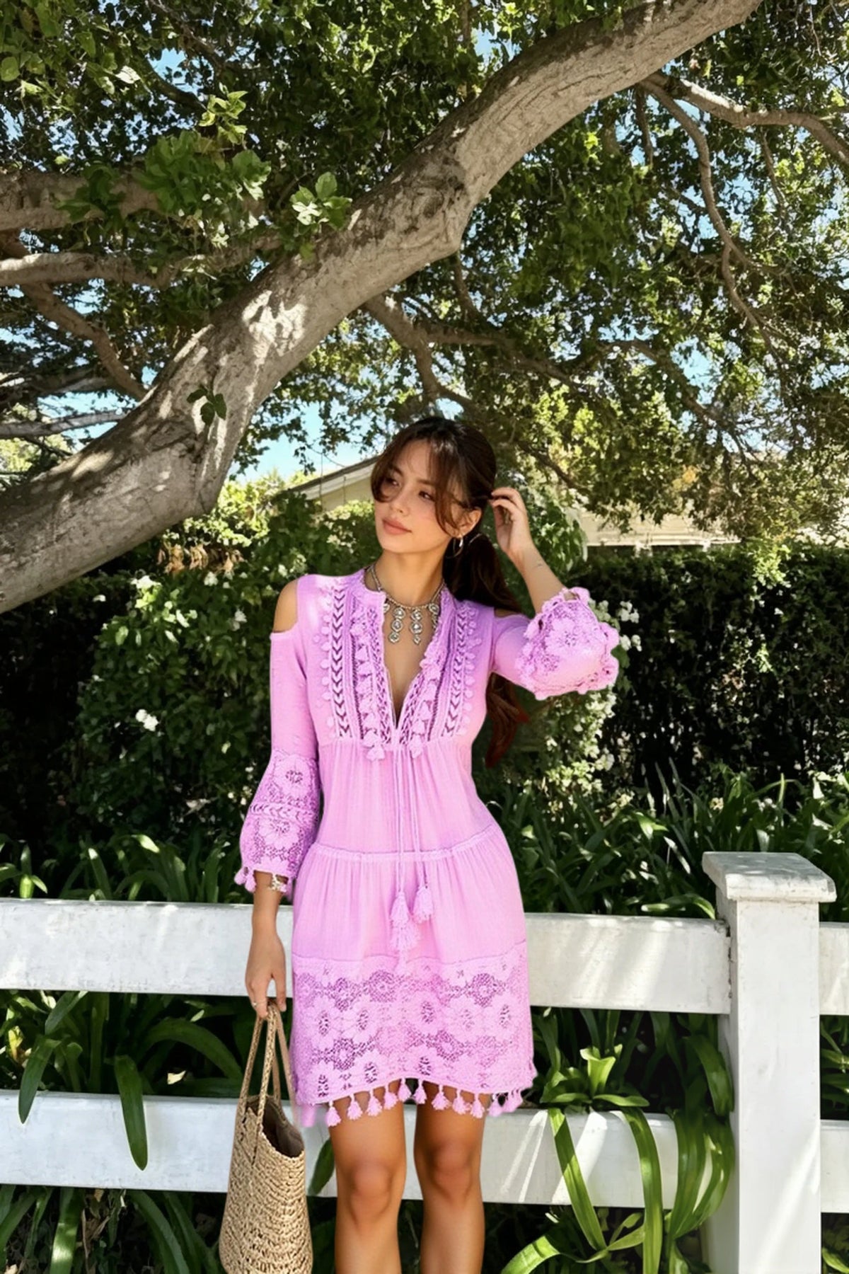 Crochet Trim V-Neck Bell Sleeve Tiered Maxi Dress 10