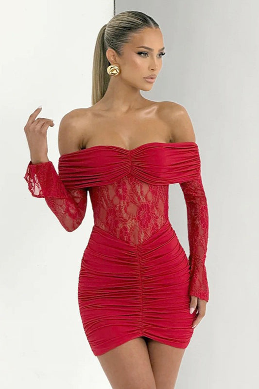 Off-Shoulder Lace Sleeve Ruched Bodycon Mini Dress