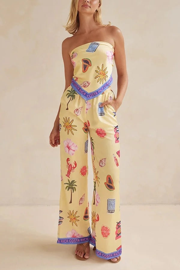 Linen Blend Unique Printed Bandeau Top and Elastic Waist Pocket Pants Set - Fashionpara