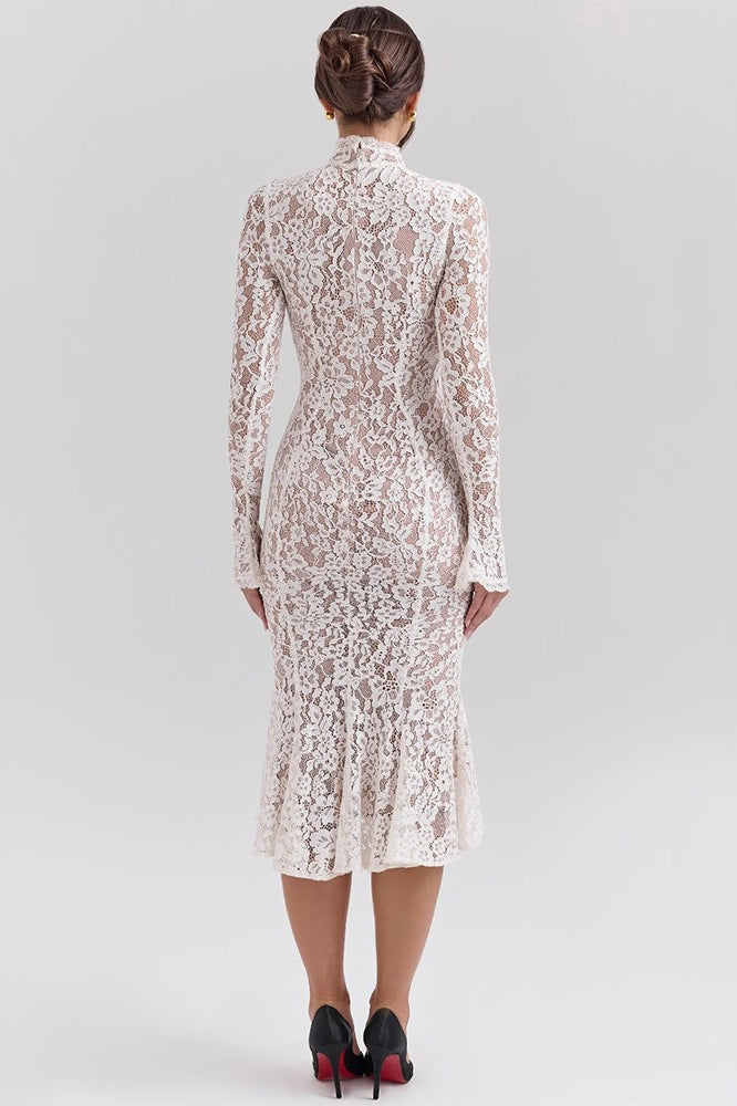 Lace High Neck Long Sleeve Mermaid Midi Dress