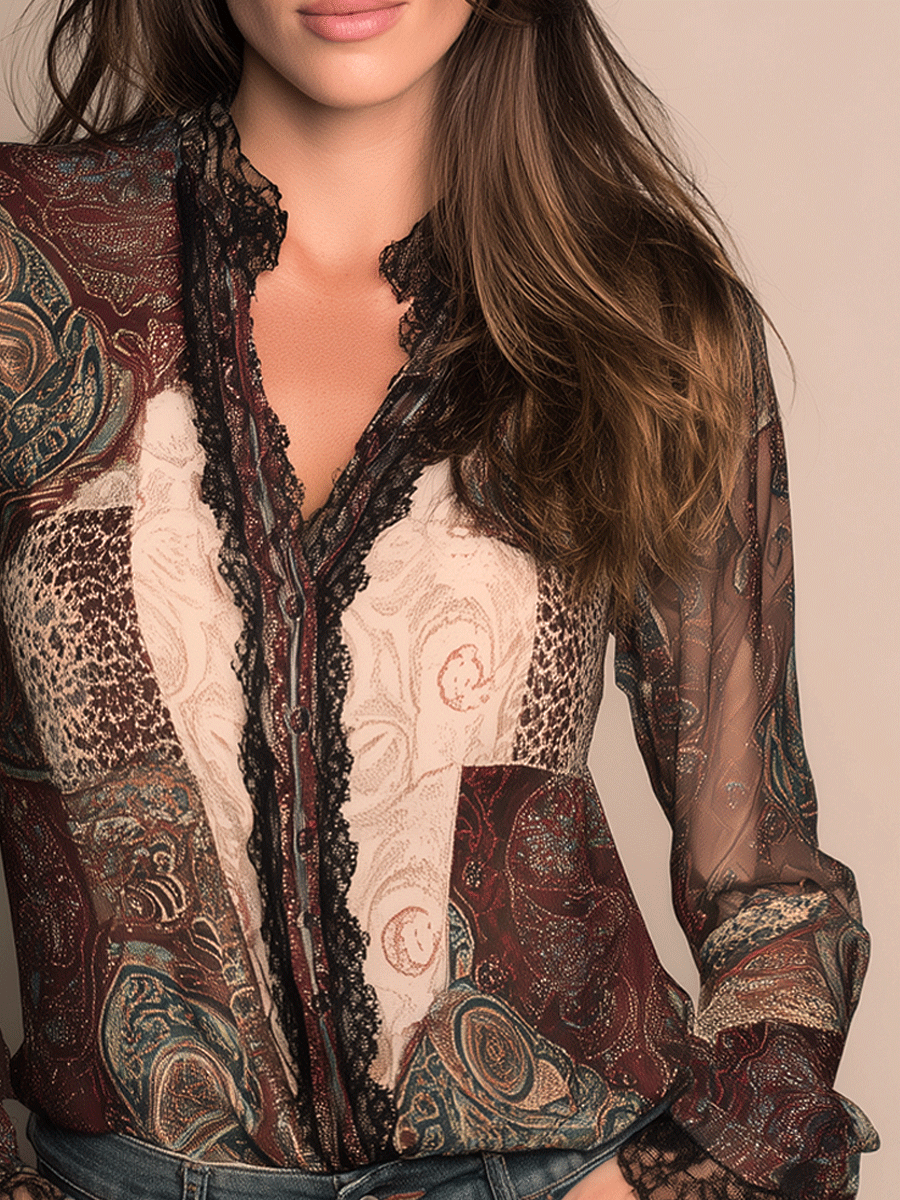 Vintage Lace Paisley Print Shirt - Fashionpara