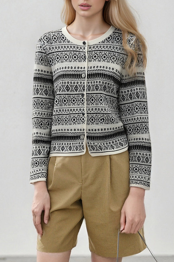 Vintage Jacquard Knit Cardigan with Elegant Button Detail