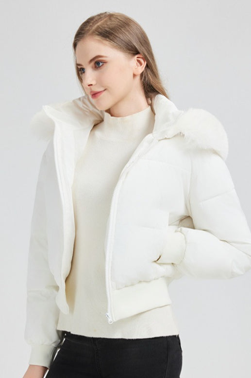 Quilted Cropped Faux Fur Collar Coat - Fashionpara