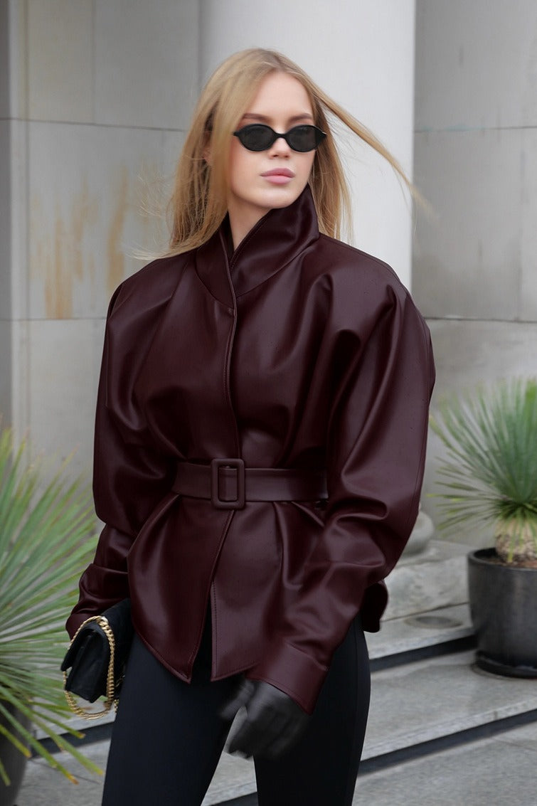 Burgundy Stand Collar Belted Faux Leather Jacket 6