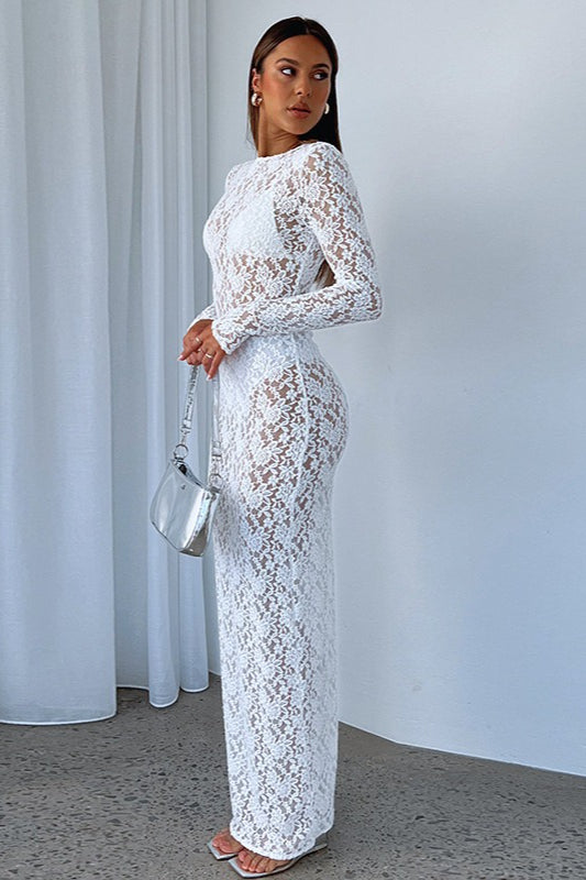 Sheer Floral Lace Round Neck Long Sleeve Maxi Dress