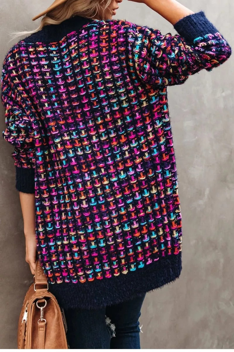 Vintage Patchwork Houndstooth Design Loose Cardigan (3 Colors)