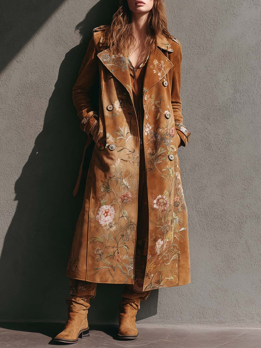 Printed Microfiber Suede Maxi Trench Coat - Fashionpara