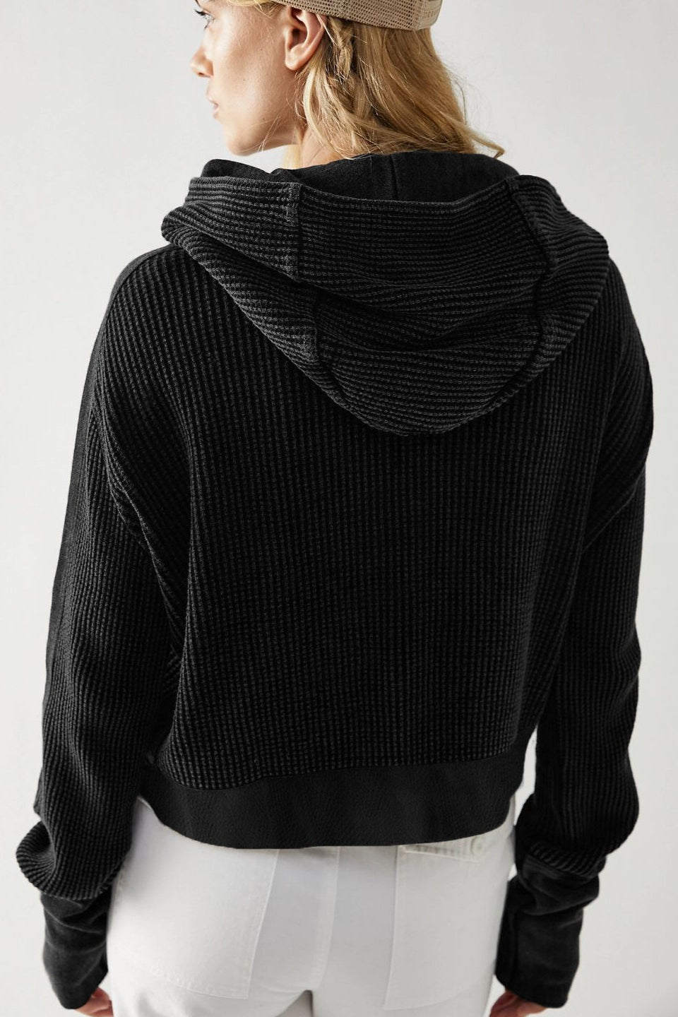 Waffle Texture Zip Front Cropped Hoodie