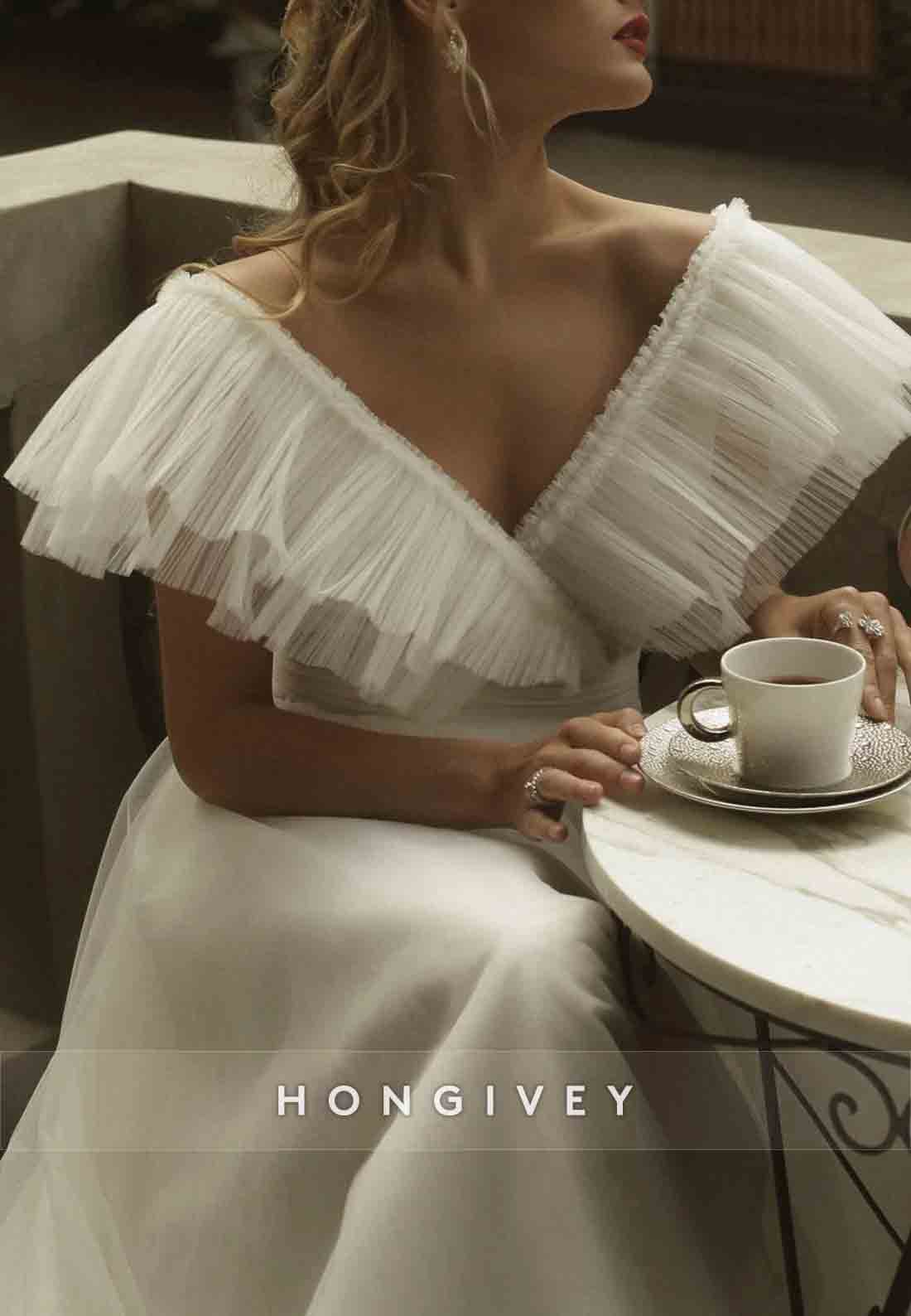 Simple V-Neck Court Train V Back A-Line Wedding Dresses