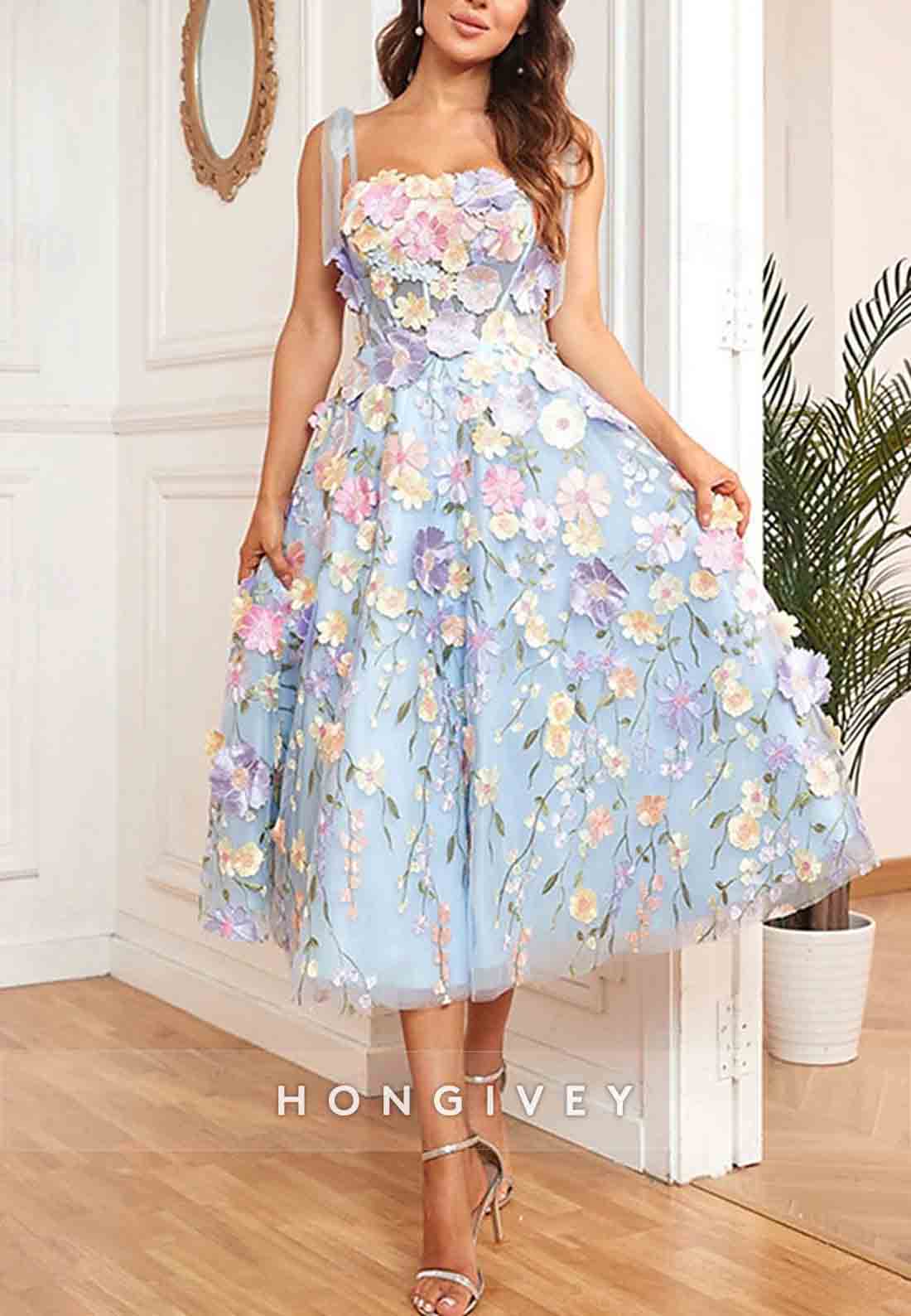 A-Line Wedding Guest Cocktail Dresses Midi Length Sleeveless Square Neck Floral Embroidered