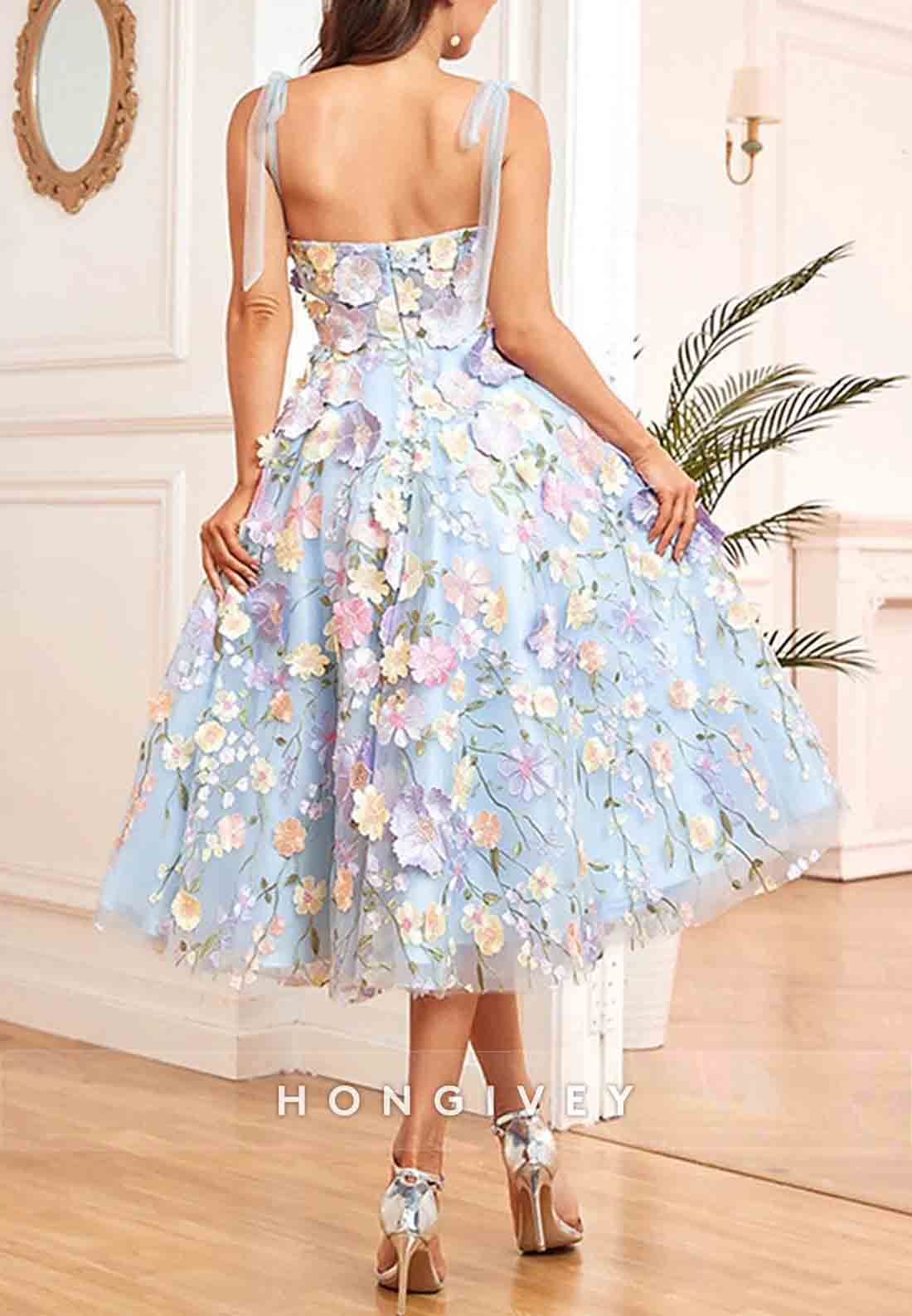 A-Line Wedding Guest Cocktail Dresses Midi Length Sleeveless Square Neck Floral Embroidered