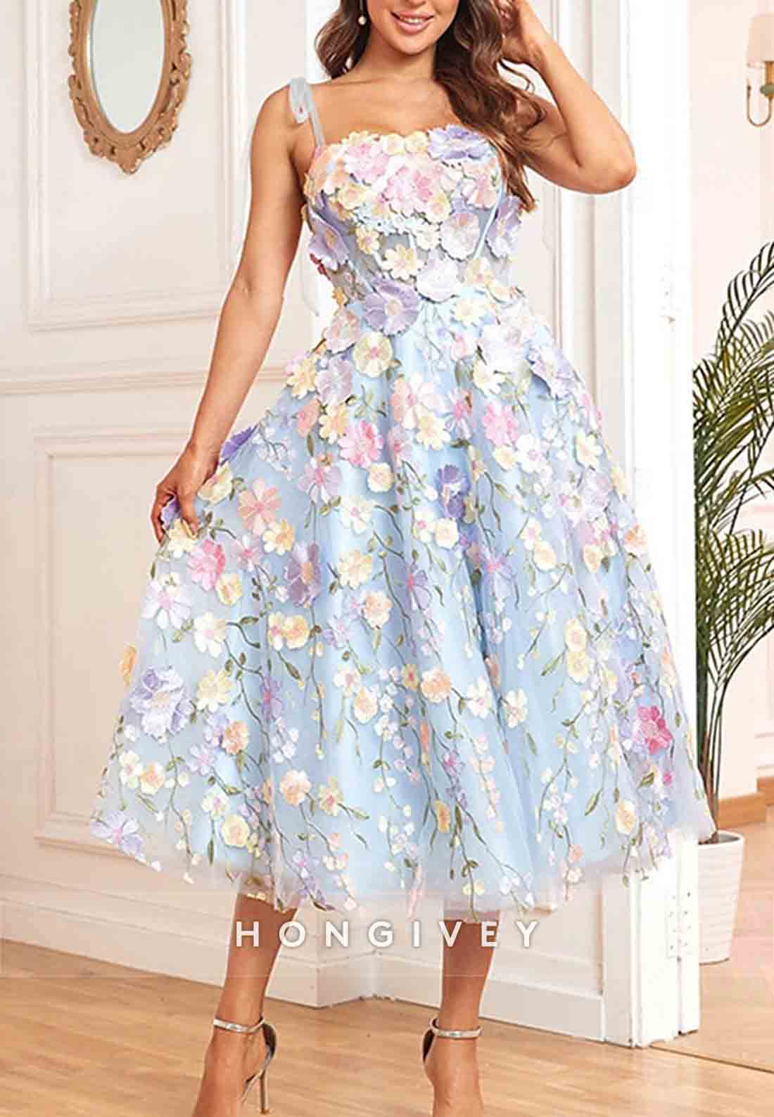 A-Line Wedding Guest Cocktail Dresses Midi Length Sleeveless Square Neck Floral Embroidered