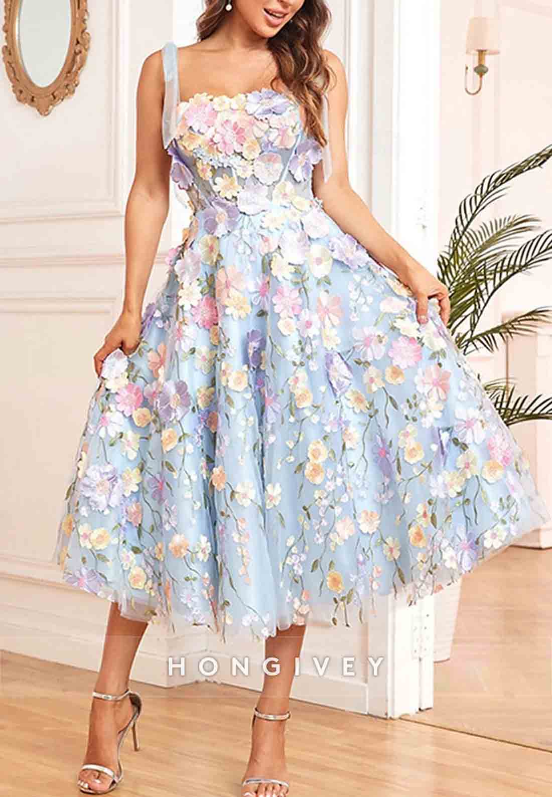 A-Line Wedding Guest Cocktail Dresses Midi Length Sleeveless Square Neck Floral Embroidered