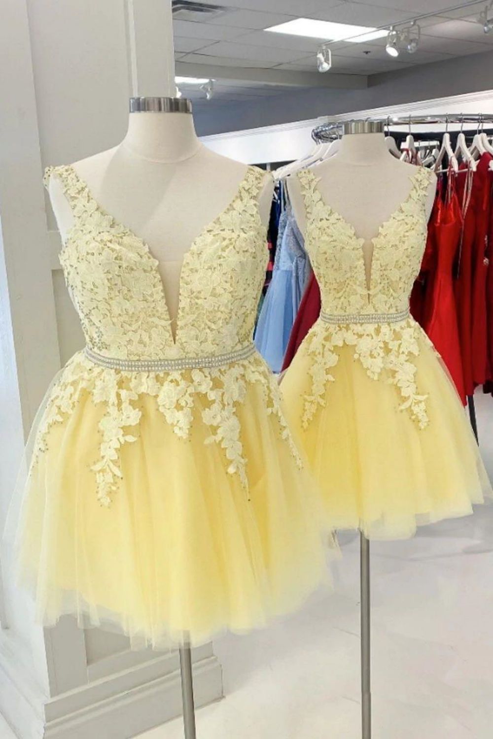 A-Line Deep V Neck Homecoming Dress With Appliques - Fashionpara