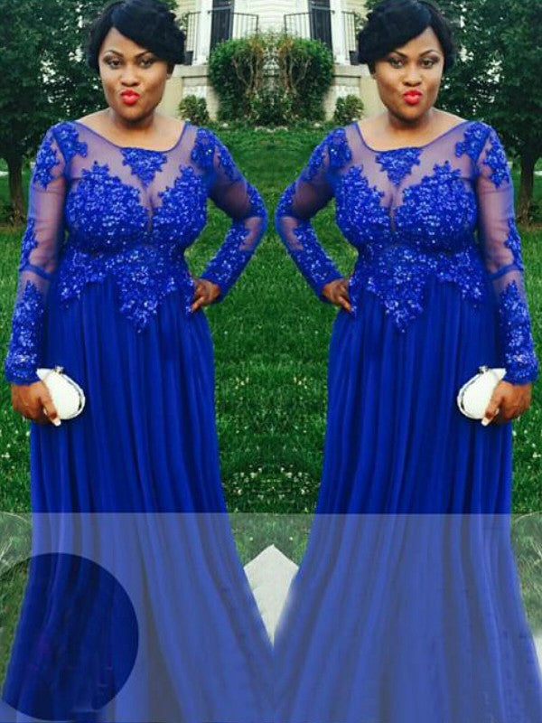 A-Line/Elegant Sheer Neck Long Sleeves Applique Floor-Length Chiffon Plus Size Prom Evening Dresses
