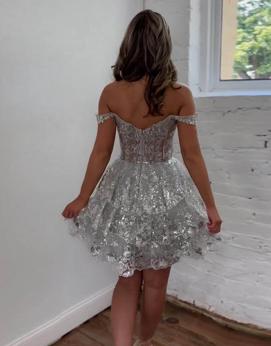 Stunning A-Line Off The Shoulder Tiered Glitter Homecoming Dress With Appliques