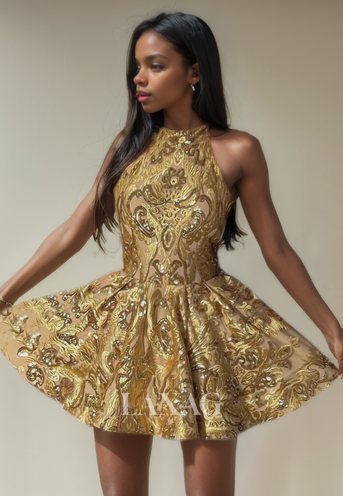 581055 - Halter Gold Sequins Backless Sleeveless A-Line Homecoming Dress - Fashionpara