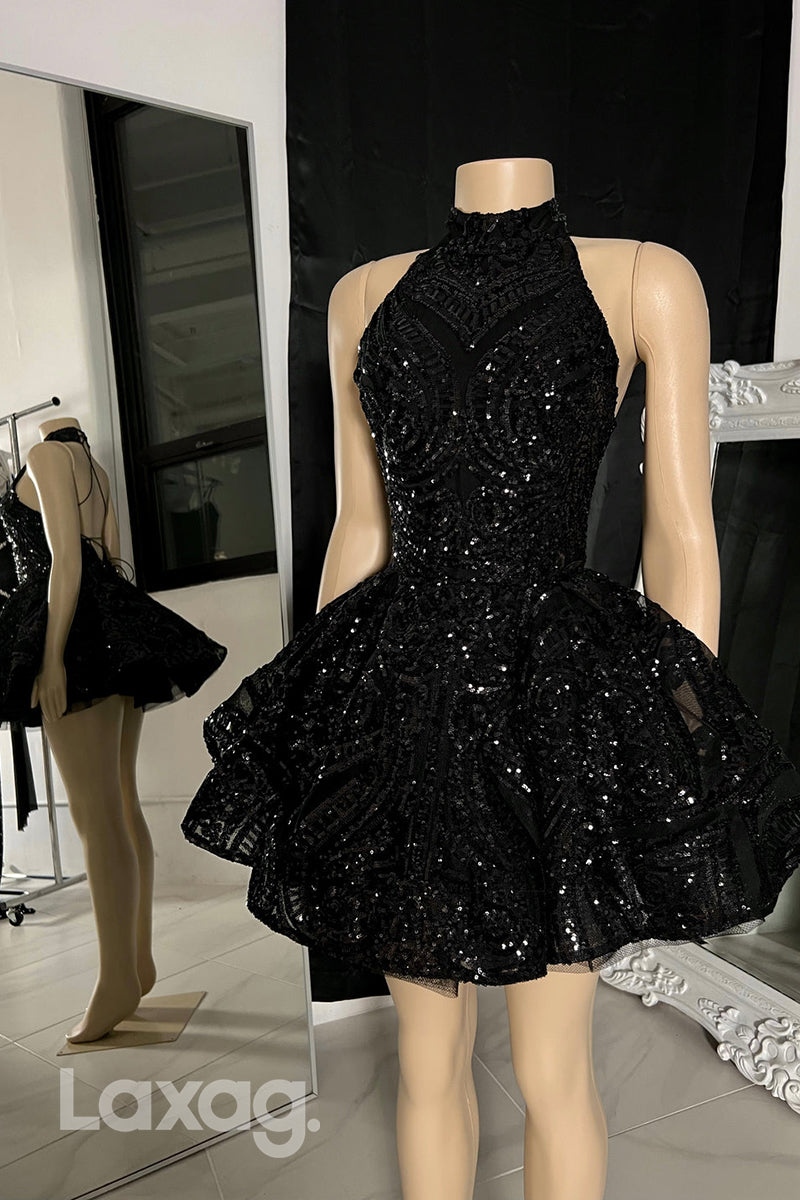 22553 - A-Line High Neck Backless Tulle Sequins Prom Dresses for Black Girl Slay - Fashionpara