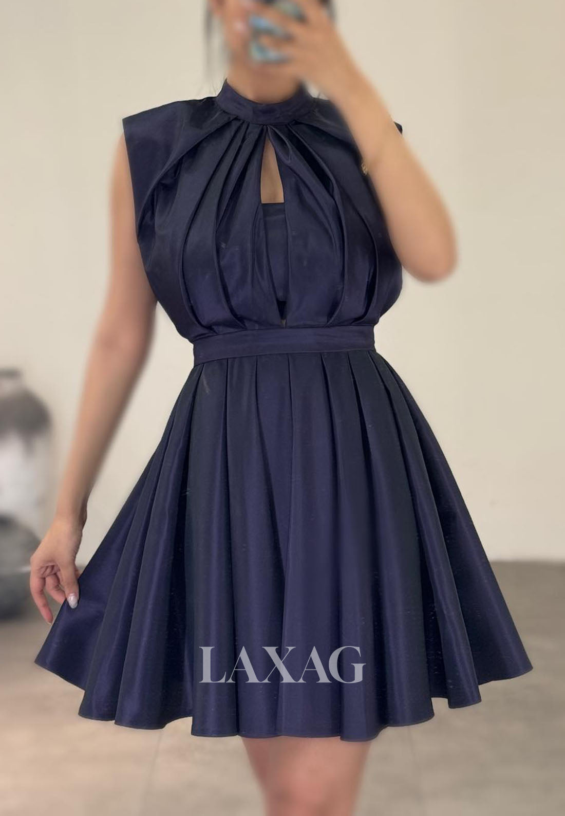 A-Line High Neck Cutout Pleated Sleek Satin Elegant Party Homecoming Dress - Fashionpara