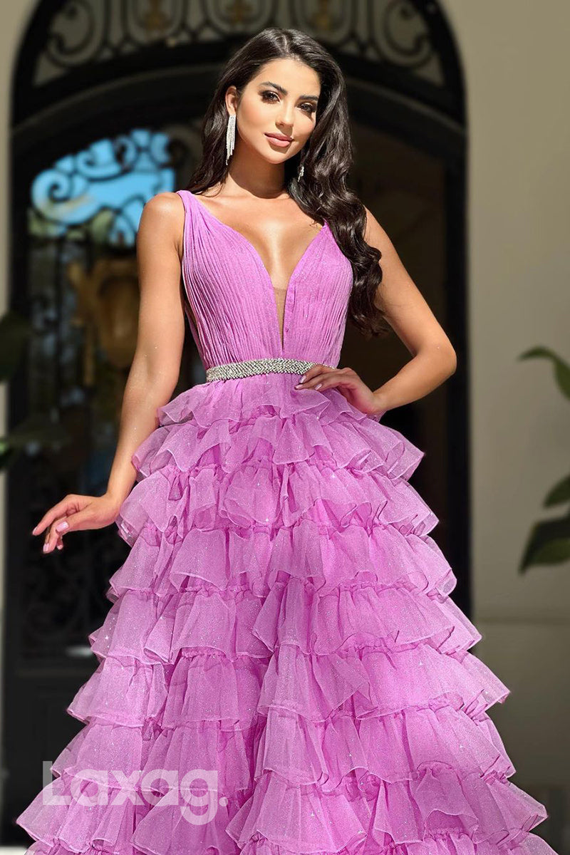 22301 - A-Line Low V-Neck Beaded Tulle Party Prom Formal Evening Dress - Fashionpara
