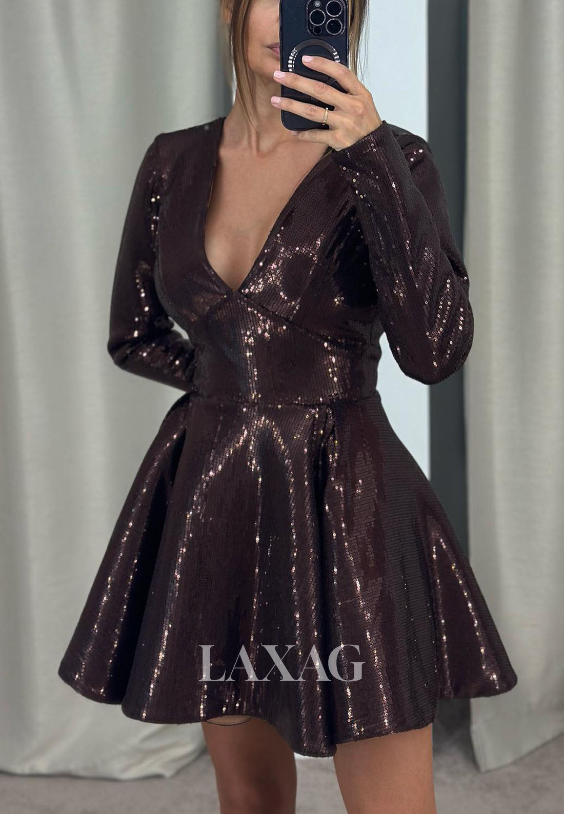 A-Line Low V-Neck Long Sleeves Fully Sequins Party Homecoming Dress - Fashionpara