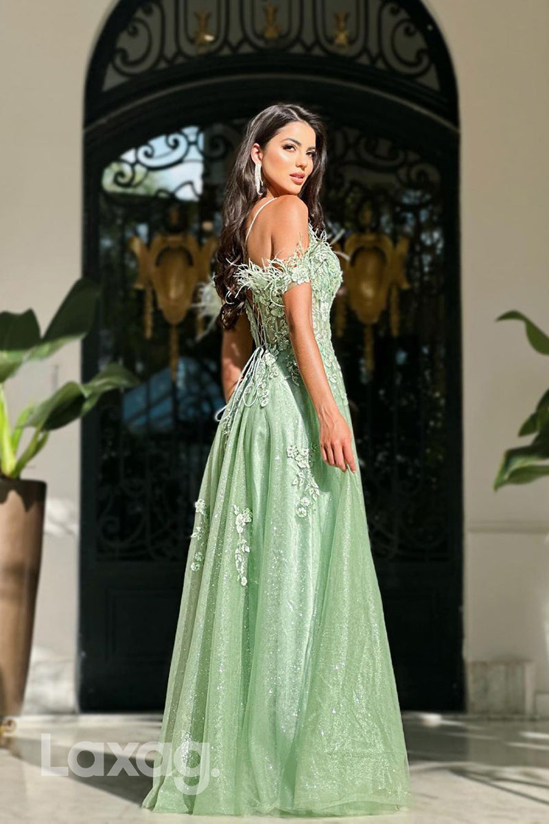 22302 - A-Line Off Shoulder Beaded Appliques Party Prom Formal Evening Dress with Slit - Fashionpara