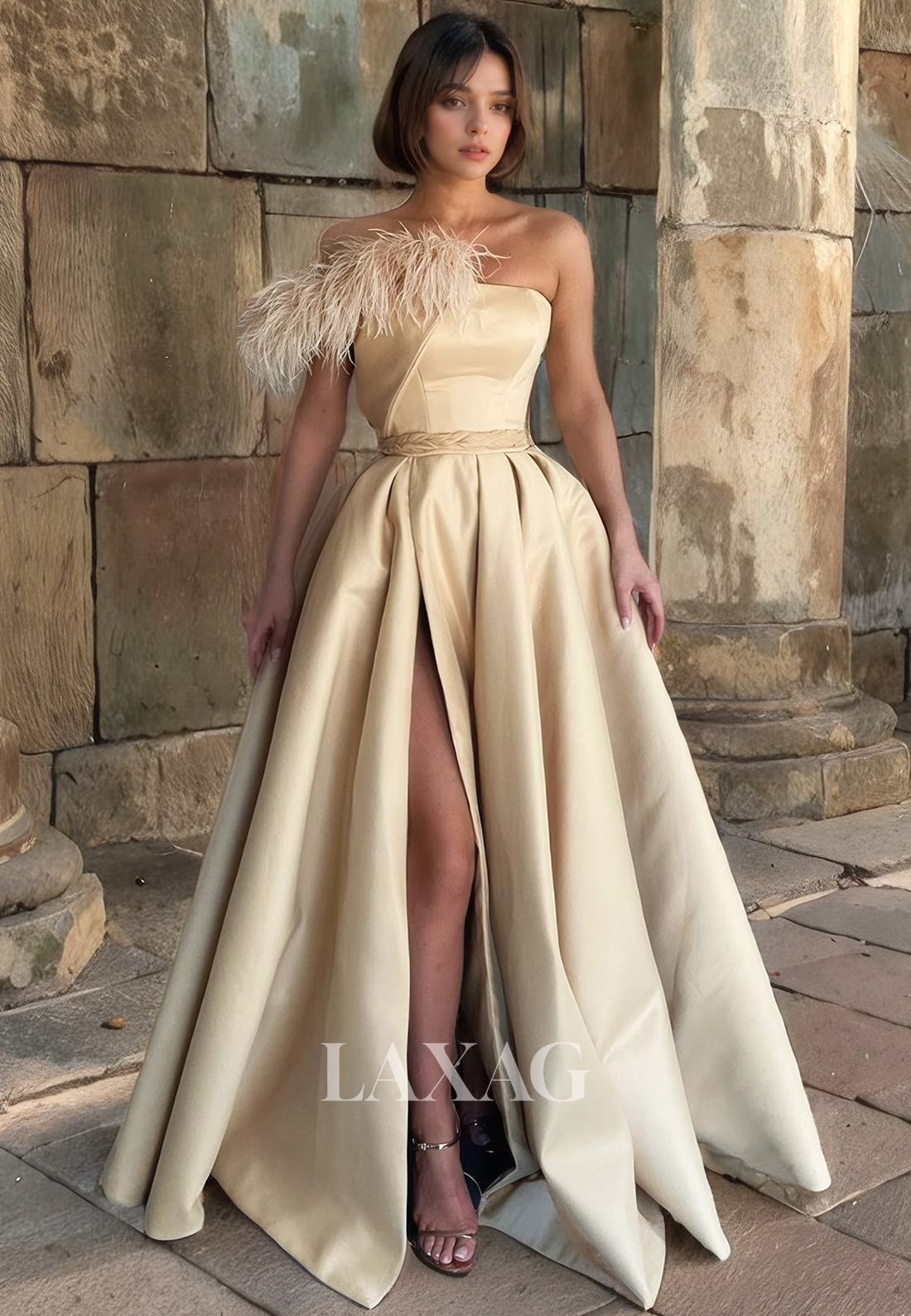 A-Line Off Shoulder Feather Sleek Satin High Slit Party Prom Formal Evening Dress