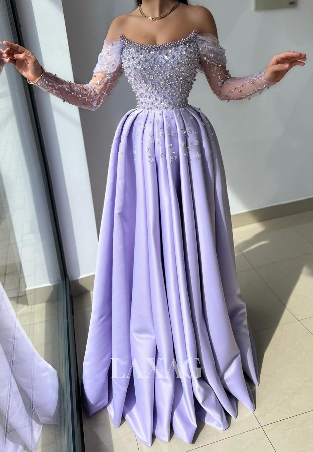 A-Line Off Shoulder Pearls Beaded Sleek Satin Party Prom Formal Evening Dress - Fashionpara
