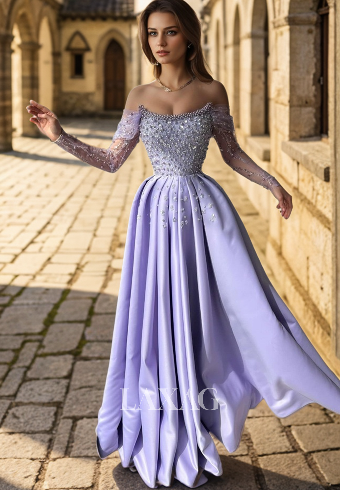 A-Line Off Shoulder Pearls Beaded Sleek Satin Party Prom Formal Evening Dress - Fashionpara