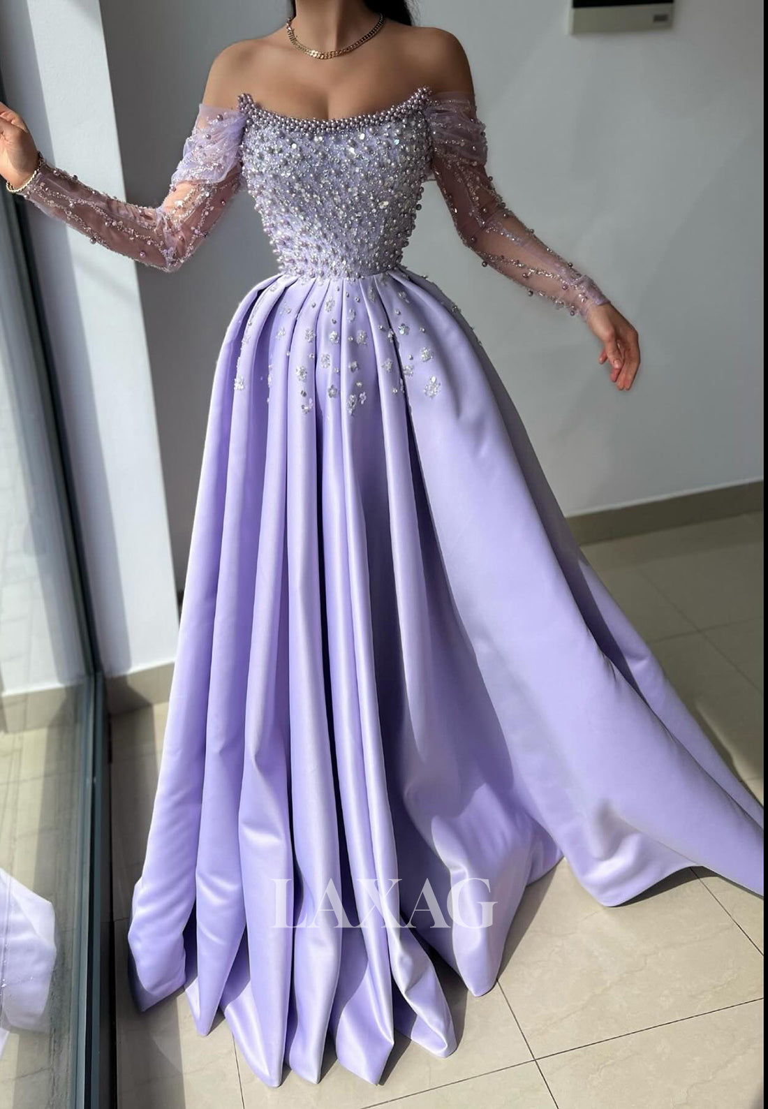 A-Line Off Shoulder Pearls Beaded Sleek Satin Party Prom Formal Evening Dress - Fashionpara