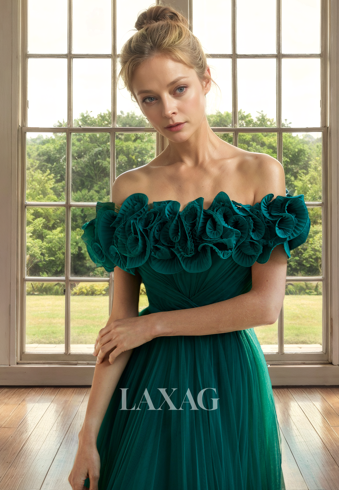 A-Line Off Shoulder Pleated Tulle Elegant Mother of the Bride Dress