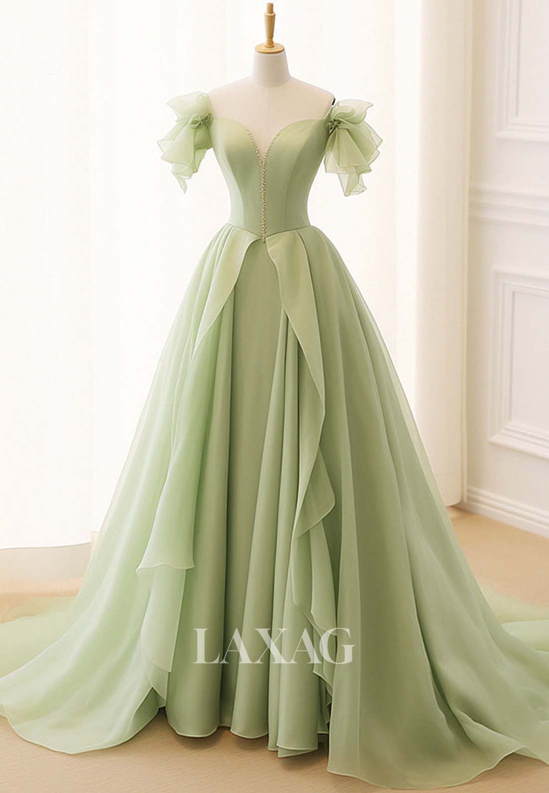 Sweetheart Off-Shoulder Sweep Train Party Gowns Sleeveless Pleated Tulle A-Line Prom Dress