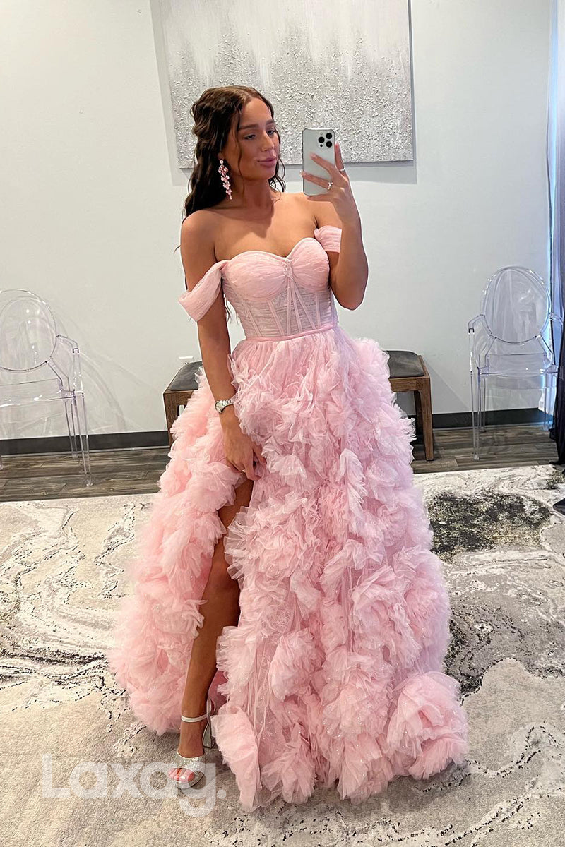 22337 - A-Line Off Shoulder Tulle Party Prom Formal Evening Dress with Slit - Fashionpara