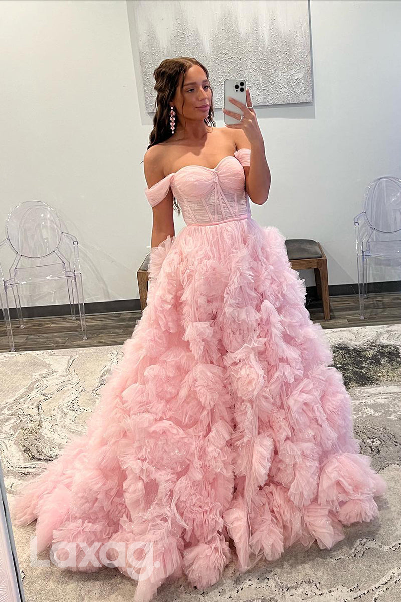 22337 - A-Line Off Shoulder Tulle Party Prom Formal Evening Dress with Slit - Fashionpara