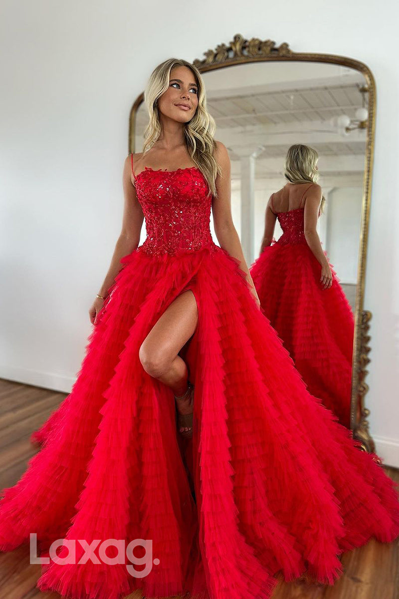 22338 - A-Line Spaghetti Straps Appliques Tulle Party Prom Formal Evening Dress with Slit - Fashionpara