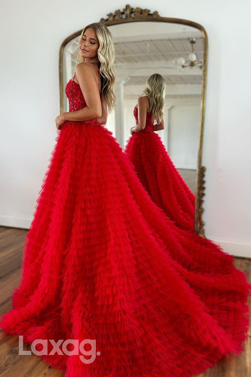 22338 - A-Line Spaghetti Straps Appliques Tulle Party Prom Formal Evening Dress with Slit - Fashionpara