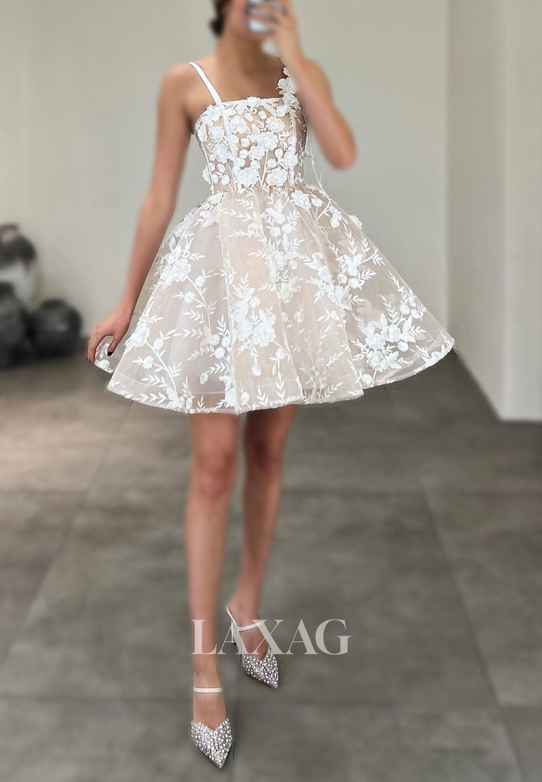 A-Line Spaghetti Straps Floral Embossed Tulle Elegant Party Homecoming Dress - Fashionpara