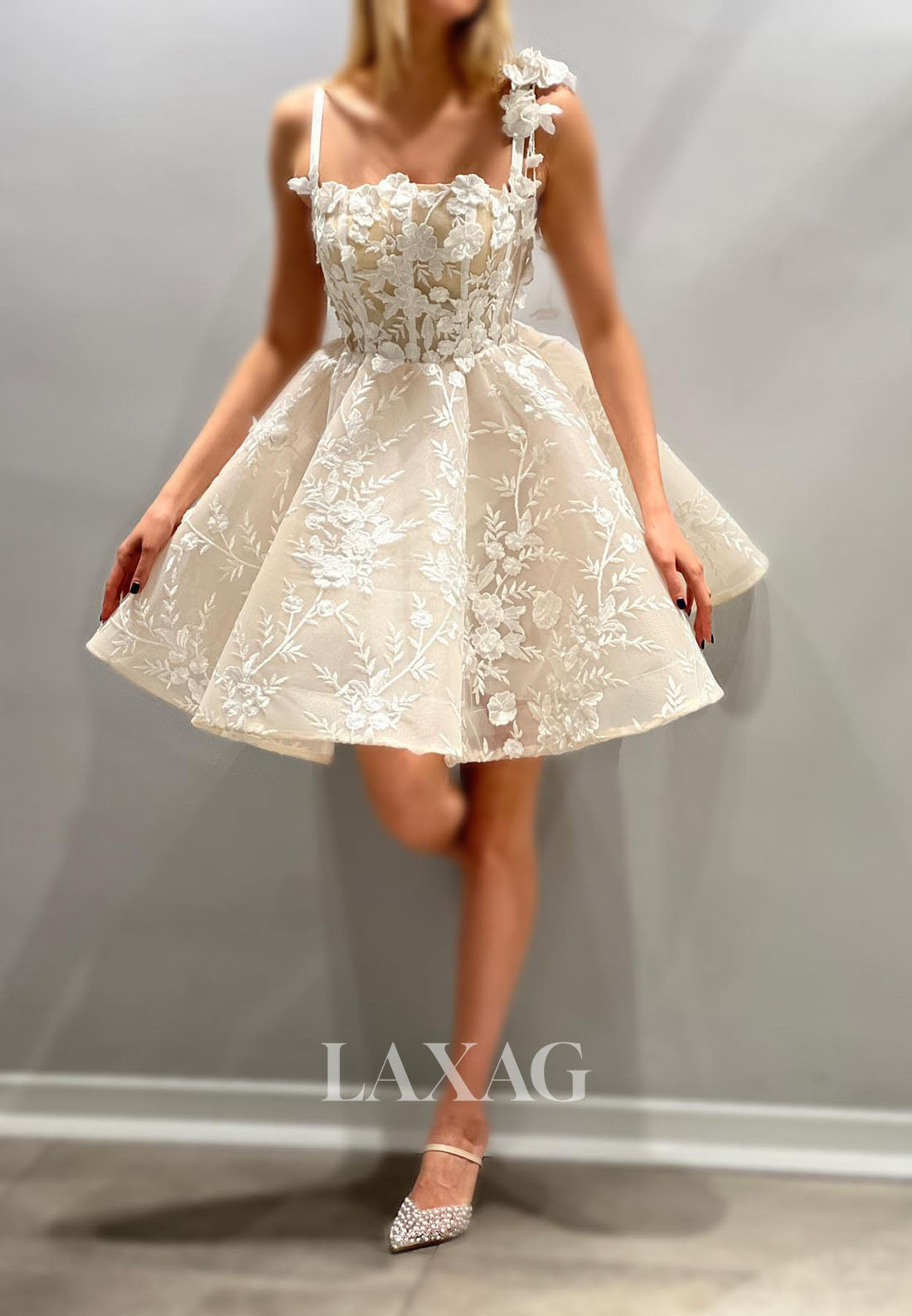 A-Line Spaghetti Straps Floral Embossed Tulle Elegant Party Homecoming Dress - Fashionpara