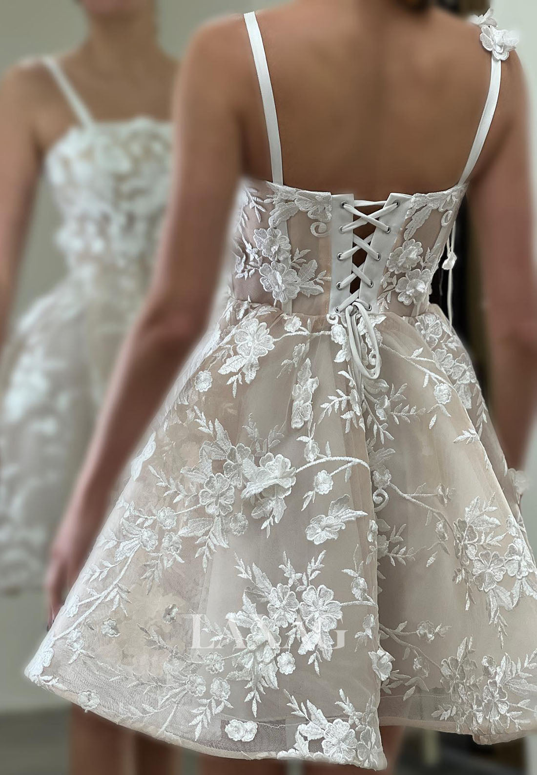 A-Line Spaghetti Straps Floral Embossed Tulle Elegant Party Homecoming Dress - Fashionpara