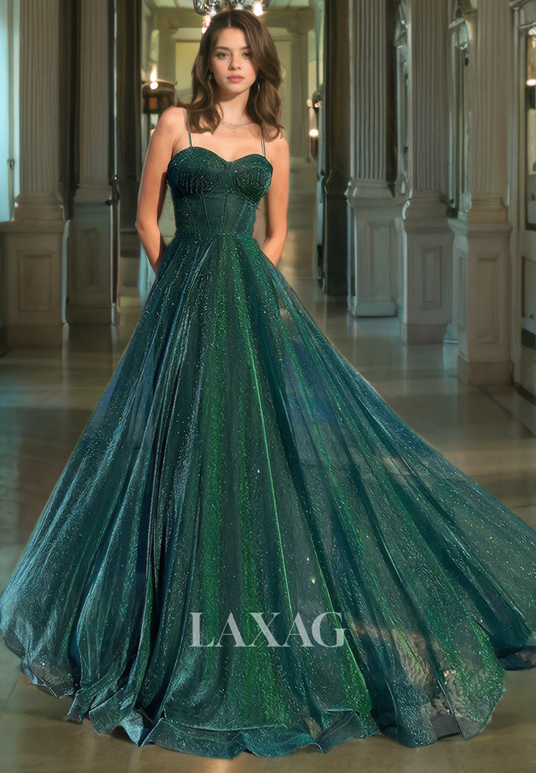 Spaghetti Straps Glitter Tulle A-Line Party Gowns Sweetheart Sleeveless Off-Shoulder Prom Dress - Fashionpara