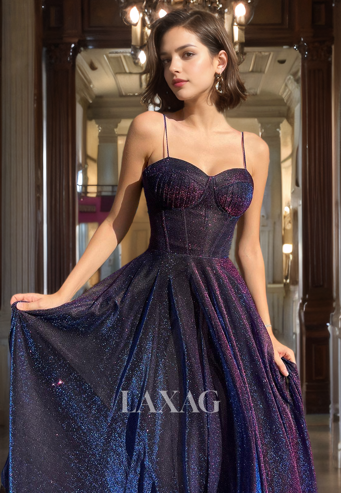 A-Line Spaghetti Straps Off-Shoulder Sleeveless Glitter Glitter Tulle Tulle Formal Prom Dress - Fashionpara